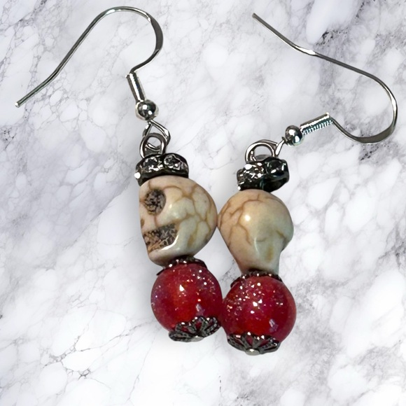 Hand Crafted Earrings Skulls White Red Rhinestones Dangle Long Pierced - Picture 6 of 7